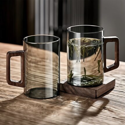 Sourila Smokey Gray Glass Coffee Cups with Wooden Handles – Pack of 2